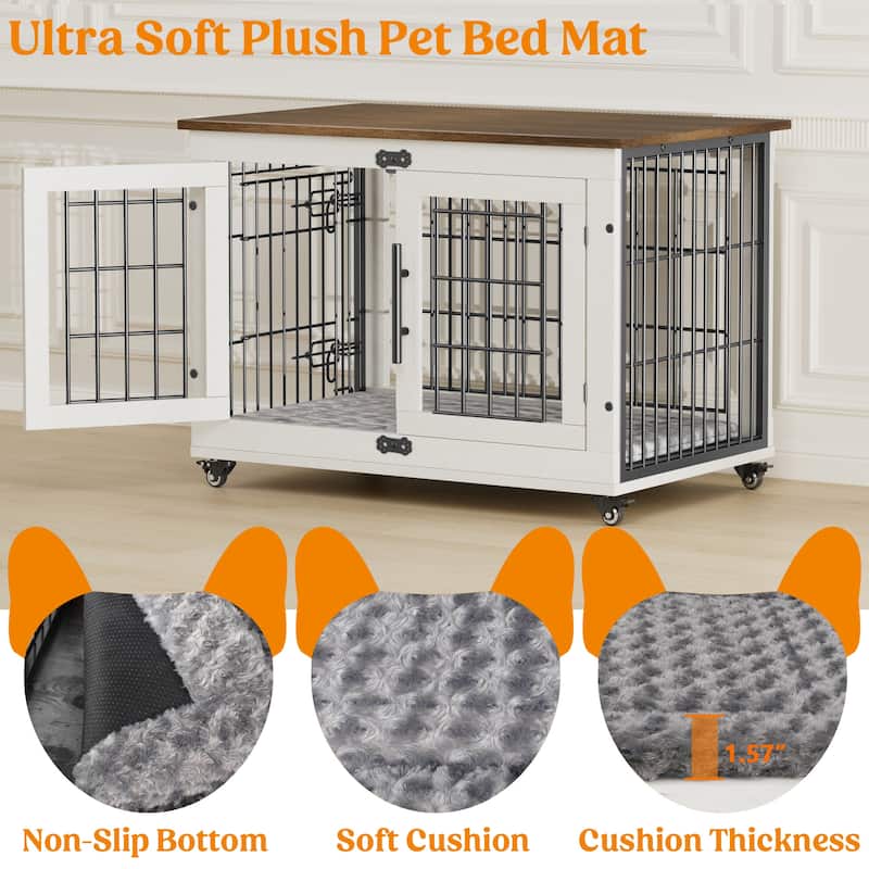 Dog Crate Indoor Heavy Duty Double Doors Wooden Dog Cage with Cushion