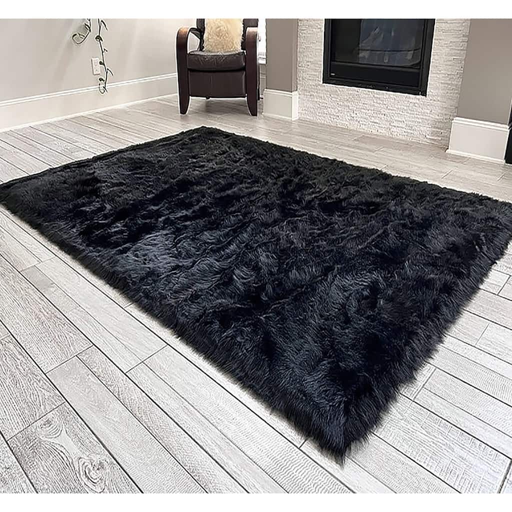 Black Faux Sheepskin Fluffy Thick Soft Plush Shag Area Rug - 5' x 8' Feet