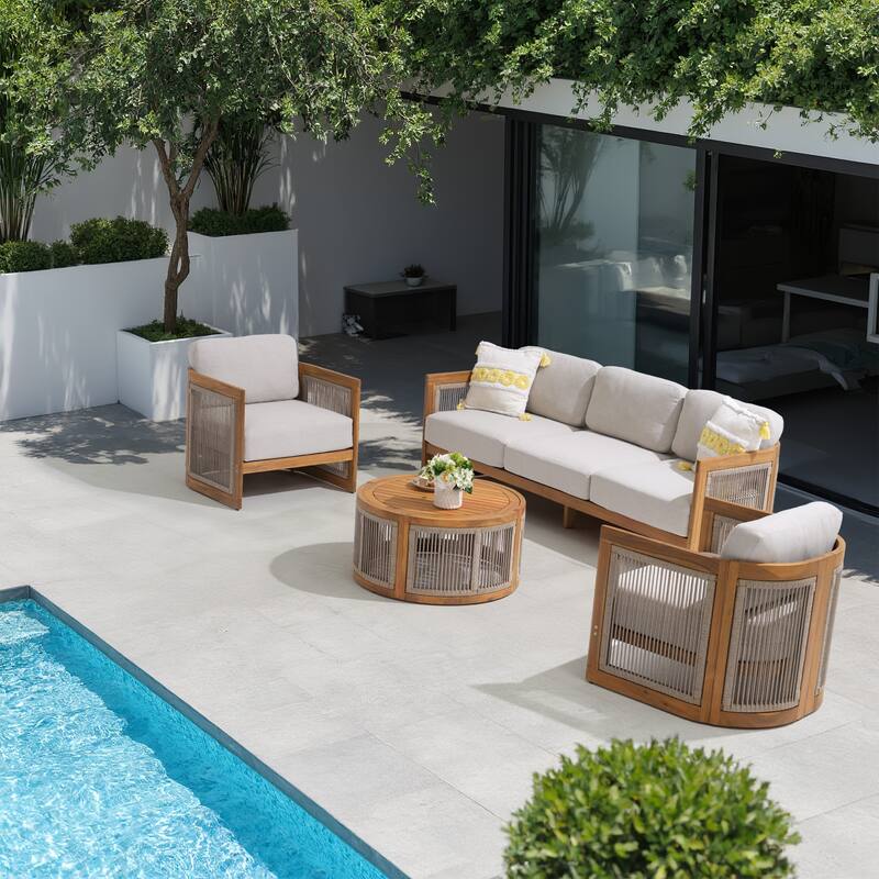 Outdoor 4-Piece Wooden Sofa Conversation Set With Cushions