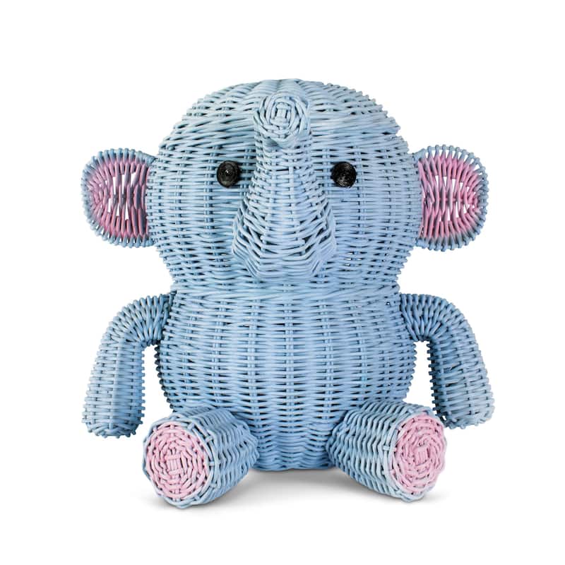 Large Blue Elephant Rattan Storage Basket With Lid Hand Woven Shelf Organizer Handmade Gift Wicker