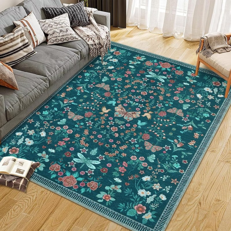 Modern Floral Machine Washable Indoor Waterproof Area Rug for Bedroom, Living Room, Dark Green - 2' x 3' - Green 5*7ft
