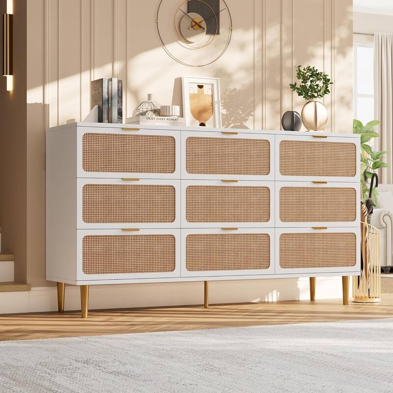 Rattan 9 Drawer Dressers TV Stand for Bedroom Living Room