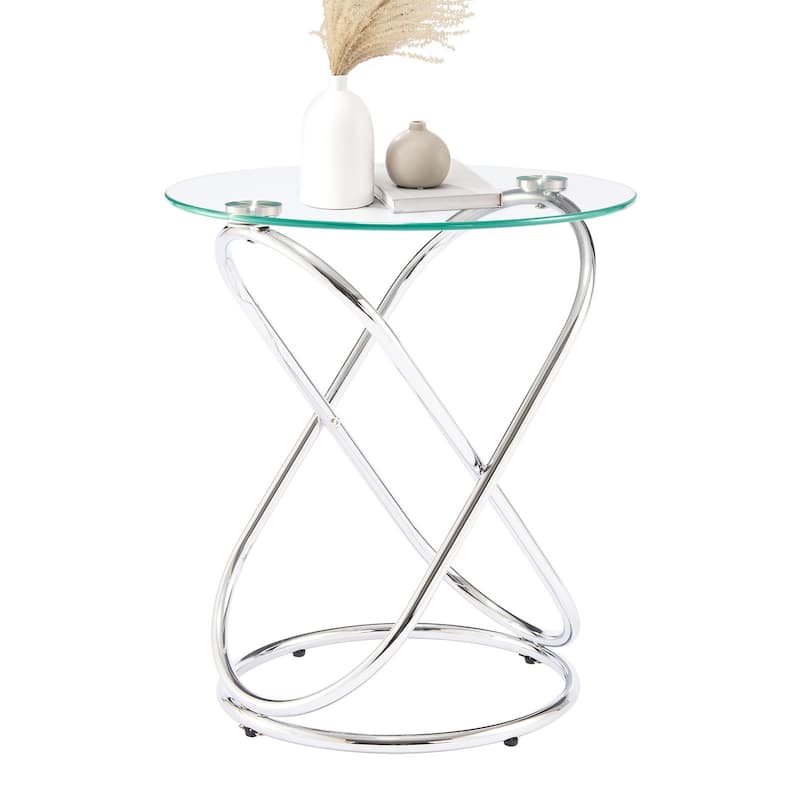 Tempered Glass Round Side/End Table with Metal Legs - 19.7"Dia Top x 21.7"H x 15.6"Dia Base