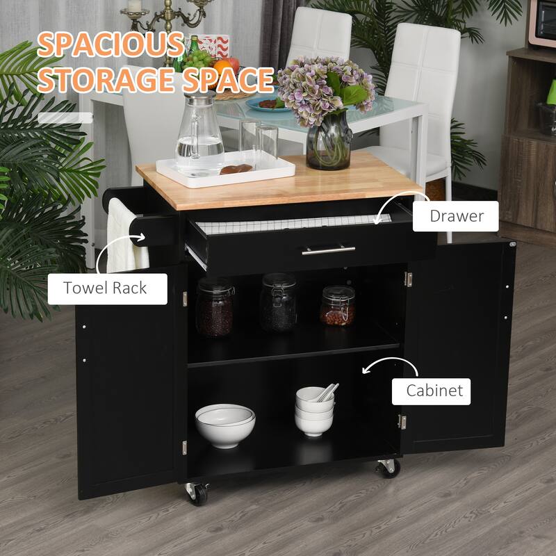 Kitchen Island cart Rolling Trolley cart with Drawer, Storage Cabinet & Towel Rack, Black
