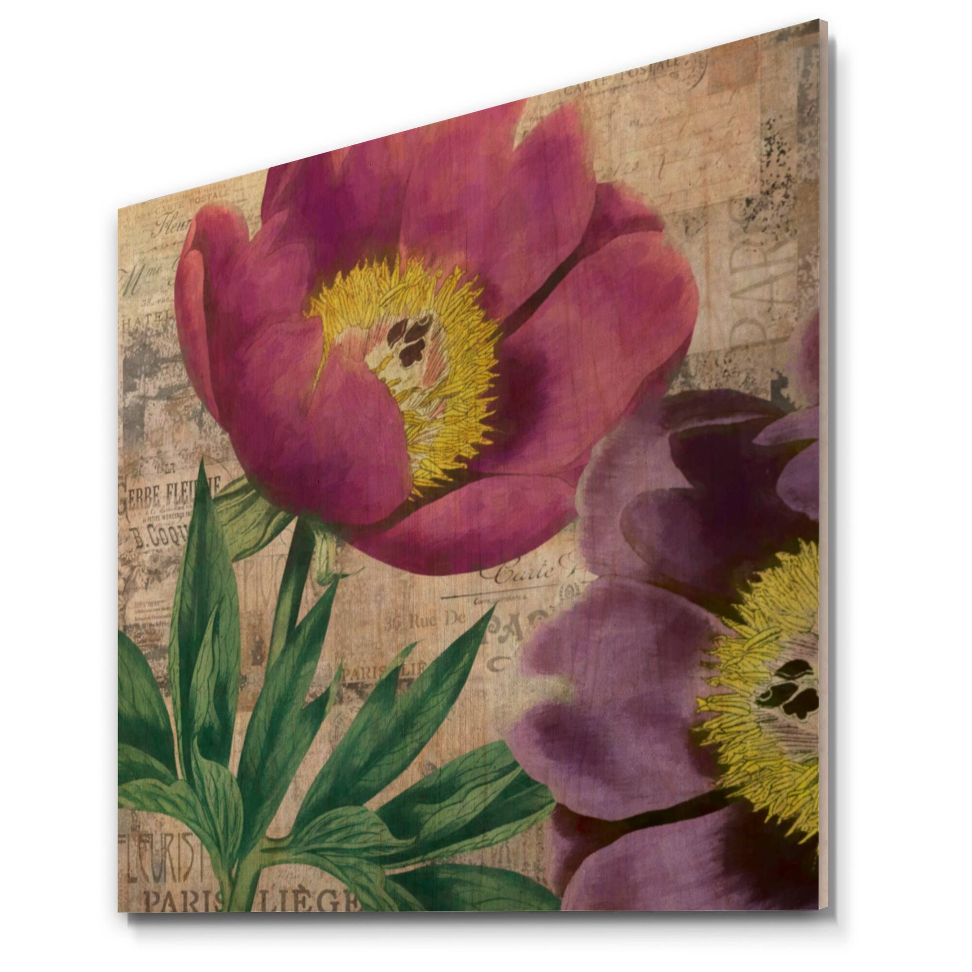Designart 'Purple Peonies' Vintage Wood Wall Art Panels Natural Pine