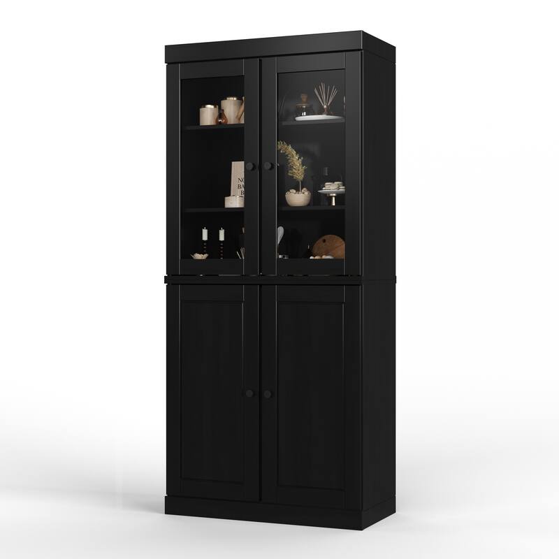 Palace Imports Solid Wood Pantry Cabinet, Raised Panel & Clear Glass Doors, 2 Drawers, Adjustable Shelves