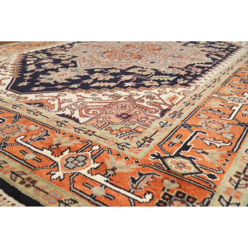 Dark Blue Heriz Serapi Indian Area Rug Hand-Knotted Wool Carpet - 8'11" x 11'11" - 8'11" x 11'11" - Blue