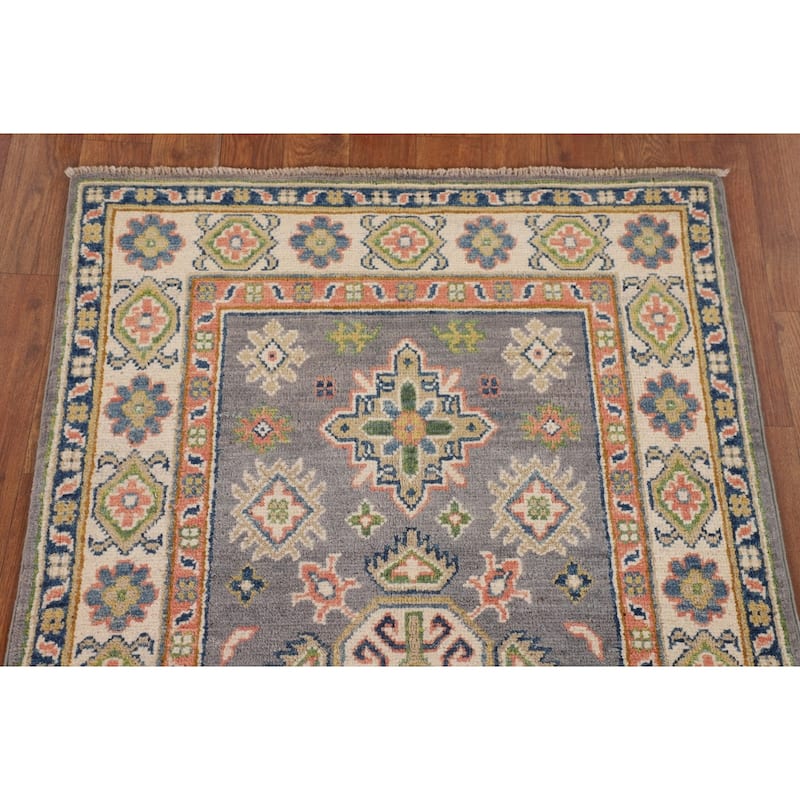 Gray Kazak Foyer Rug Hand-Knotted Geometric Wool Carpet - 2'7" x 4'2"