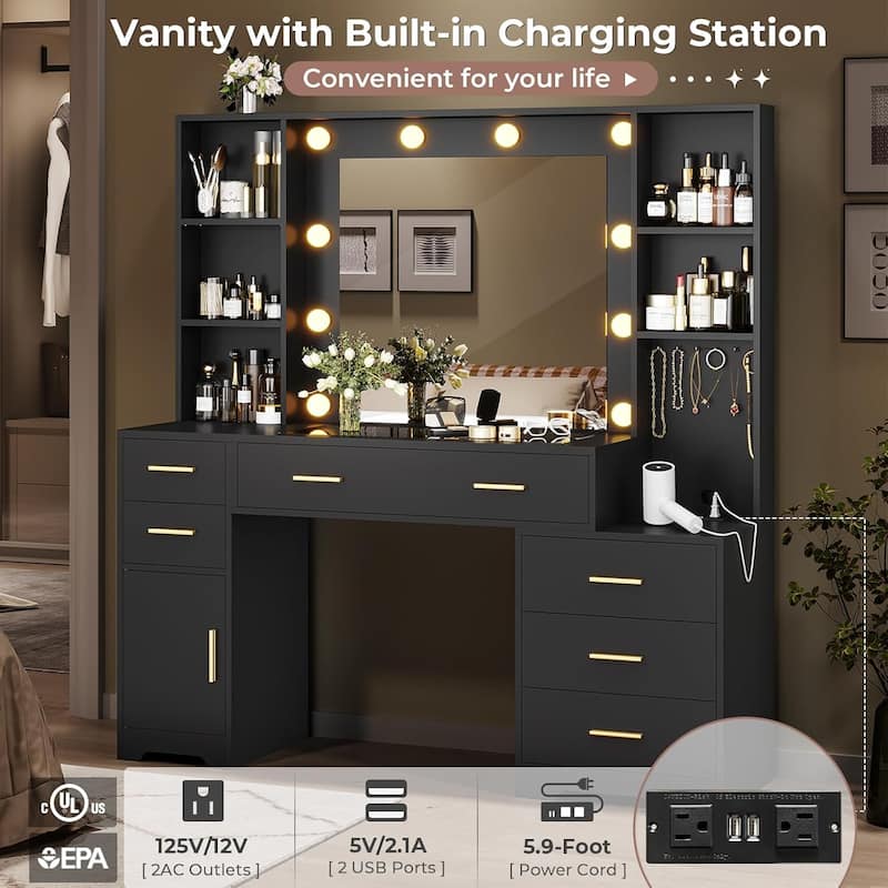 Vanity Desk Mirror Power Outlet 4 Shelves 6 Drawers Glass Tabletop