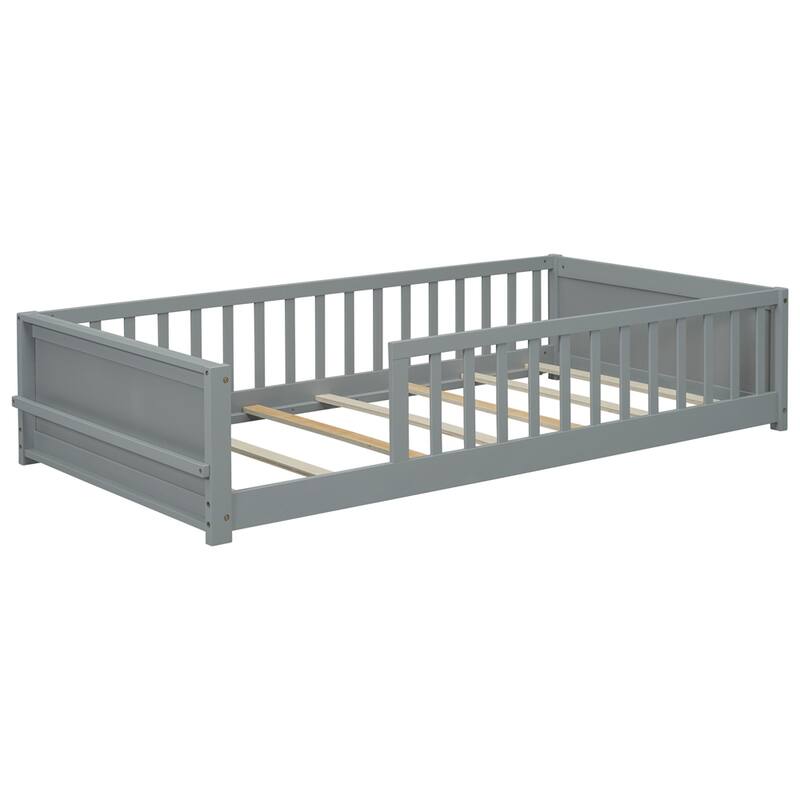 Twin Size Wood Floor Platform Bed with Built-in Book Storage Rack
