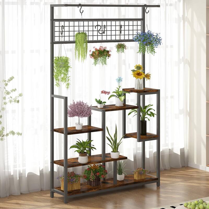 Plant Shelf with Grow Light, Tall Plant Stand Indoor, 7 Tiered Large Metal Shelf with Hanging Hooks