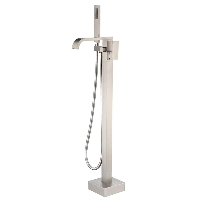 Freestanding Floor Mount Single Handle Bath Tub Filler Faucet with Handheld Shower - Silver