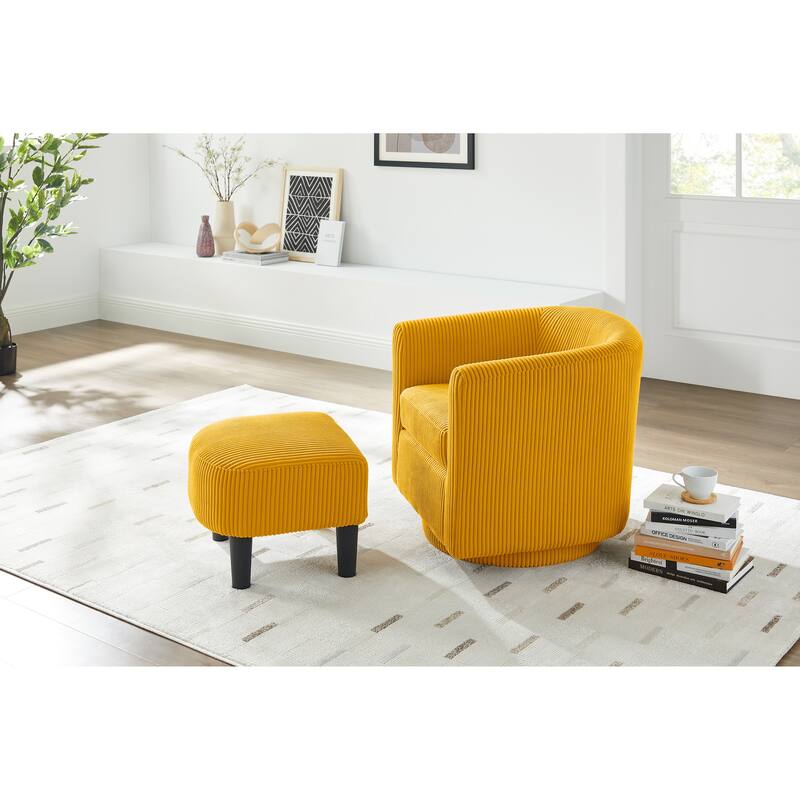 Yellow Modern 26.38" Upholstered 360째 Swivel Arm Chair with Ottoman, Rubber Wood Frame