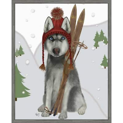 Husky Skiing by Fab Funky (23 x 28 in.), Framed Canvas Wall Art Print - Sylvie Greywash