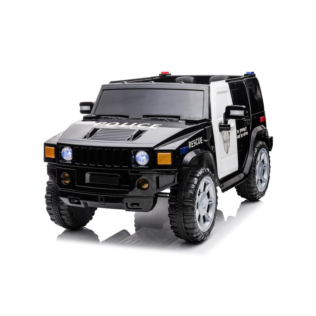 Black Electric Police Car for Kids with Battery Display, Exclusive Child Carriage with Seat Belts, Electric Car Toy with Siren