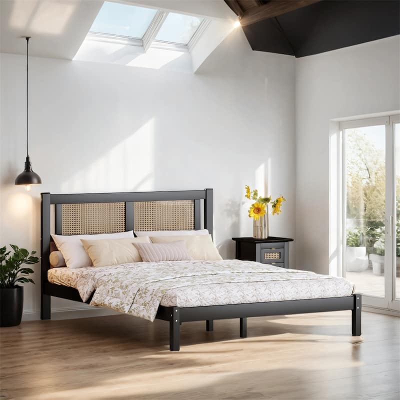 Queen Size Wooden Platform Bed w/ Natural Rattan Headboard,for Bedroom