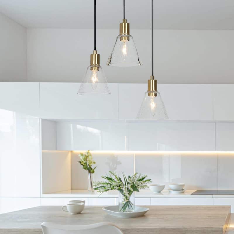 Modern Black Gold 3/1-light Pendant Light with Seeded Glass Dimmable for Kitchen Island