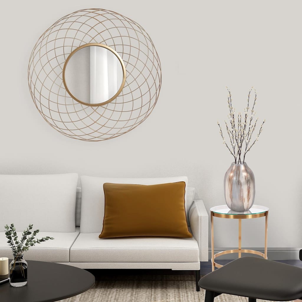 Allan Andrews Round Bright Gold Woven Wire Framed Wall Mirror - 38.75"D