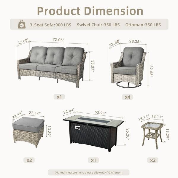 dimension image slide 2 of 8, OVIOS 10-piece Patio Wicker Swivel Rocking Chair Set With Fire Pit