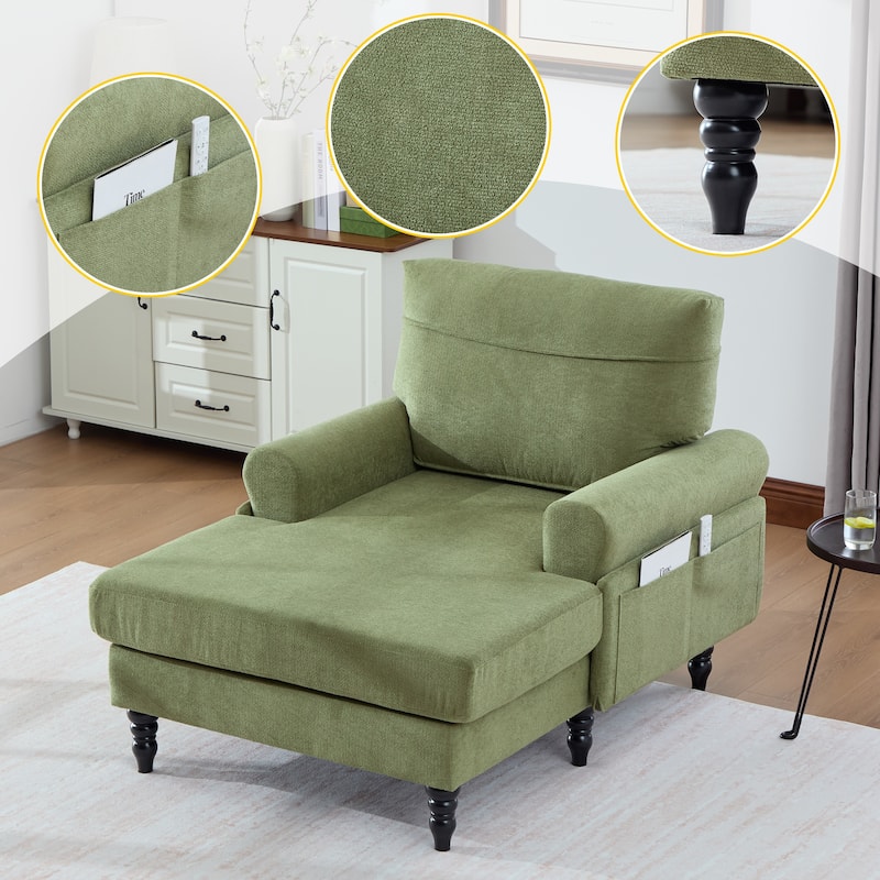 Modern Chaise Lounge Single Sofa Chair, Chenille Fabric Recliner Armchair with Side Pockets and Wooden Legs - Olive Green