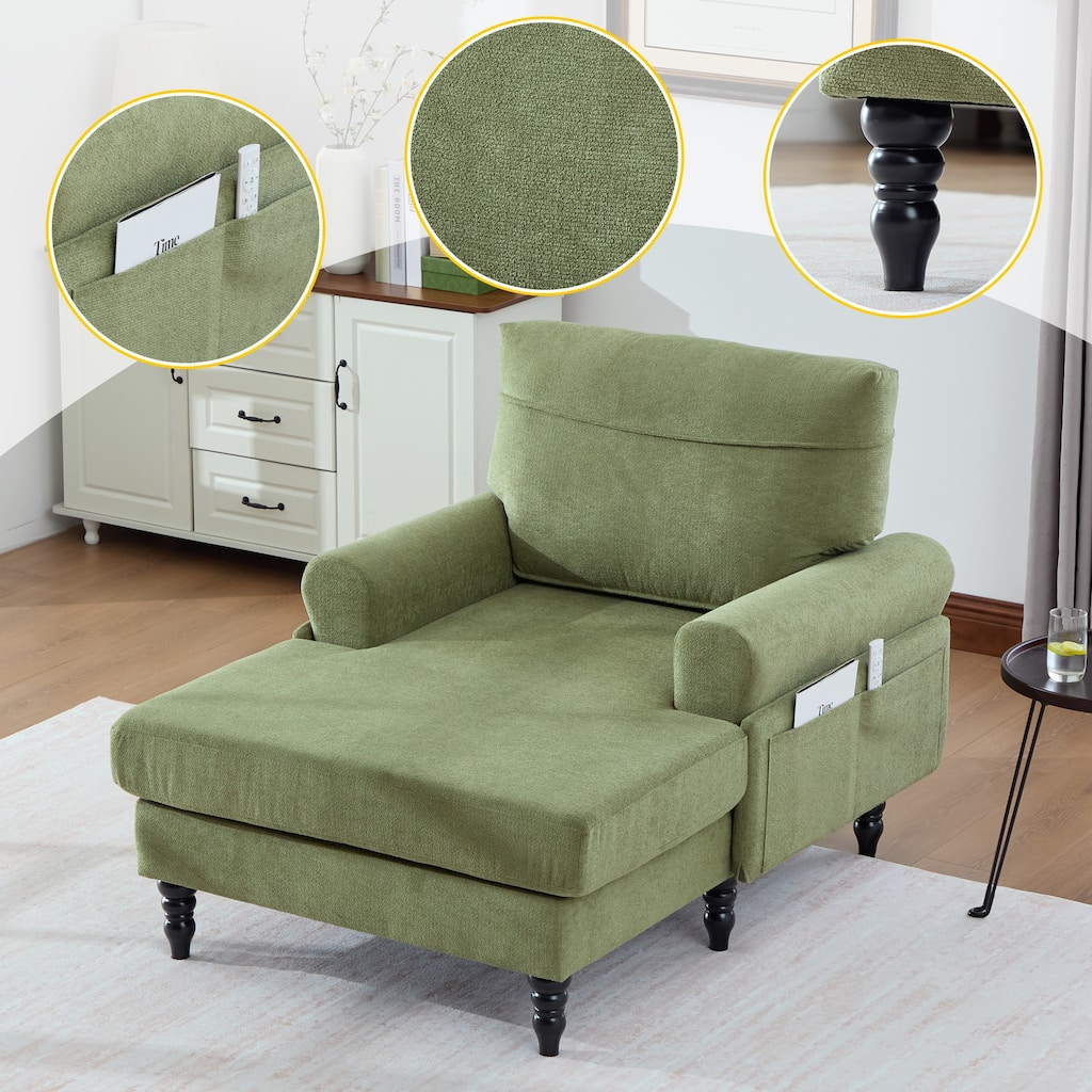 Modern Chaise Lounge Single Sofa Chair, Chenille Fabric Recliner Armchair with Side Pockets and Wooden Legs