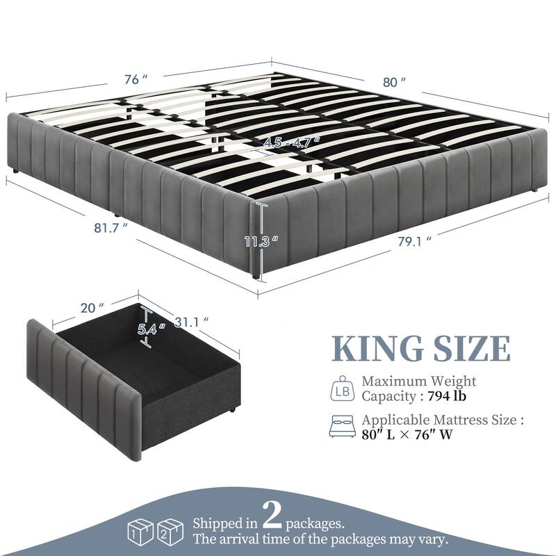 Yaheetech Storage Bed Frame with 3/4 Drawers Upholstered Bed Frame with Metal Slat Support