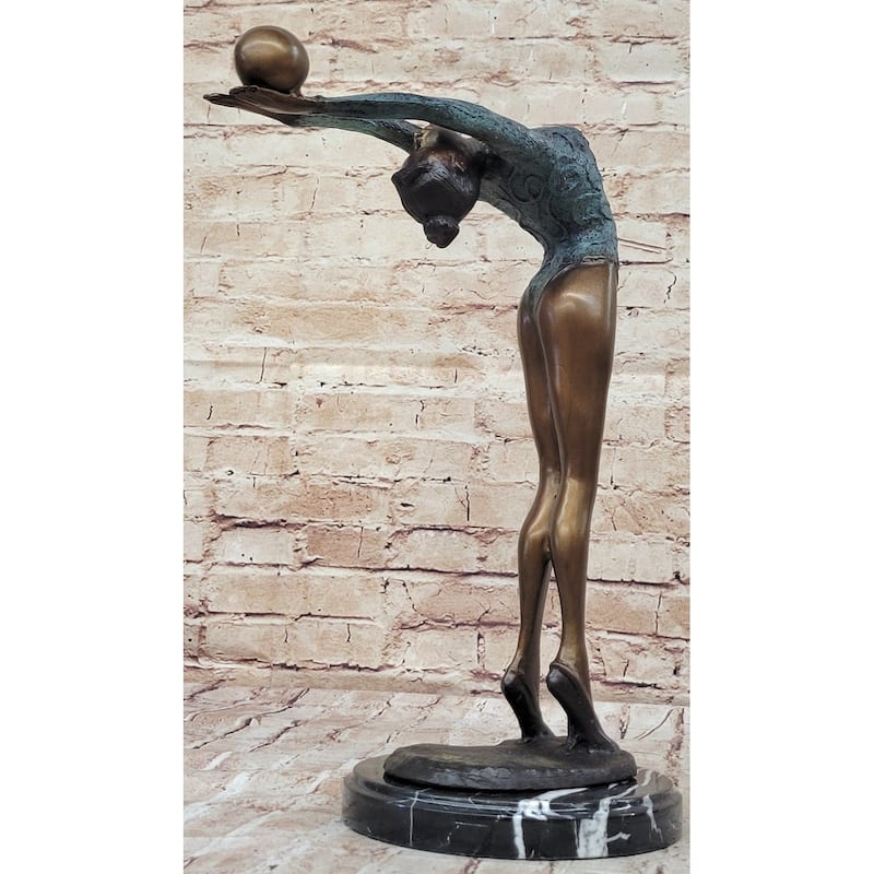 Athlete Gymnast Acrobat Girl Balancing Ball Bronze Statue Sculpture Figure 15 Inches X 11 Inches