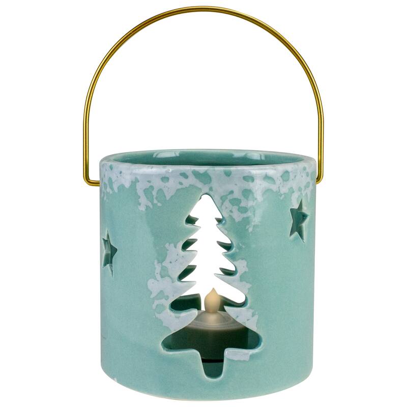Christmas Tree and Star Cut Out Tea Light Candle Holder - 3.75" - Green