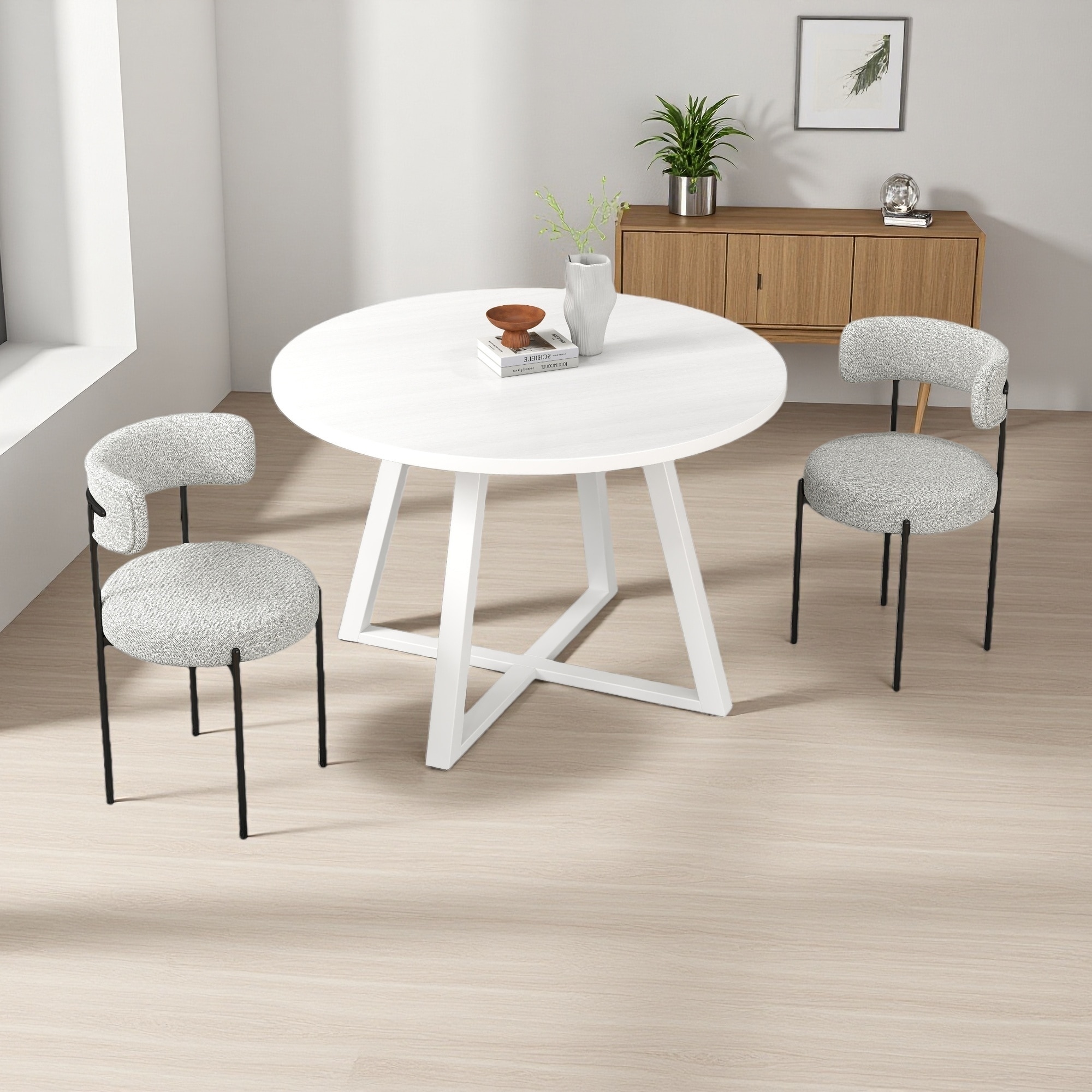 3-Piece Dining Set with Round Table and 2 Boucle Chairs