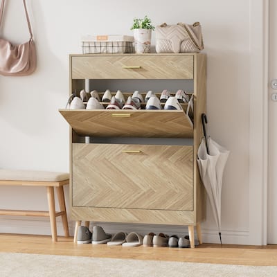 Anmytek 16 Pairs Wood Shoe Storage Cabinet Narrow Shoes Organizer Cabinet with 2 Flip Drawers for Entryway