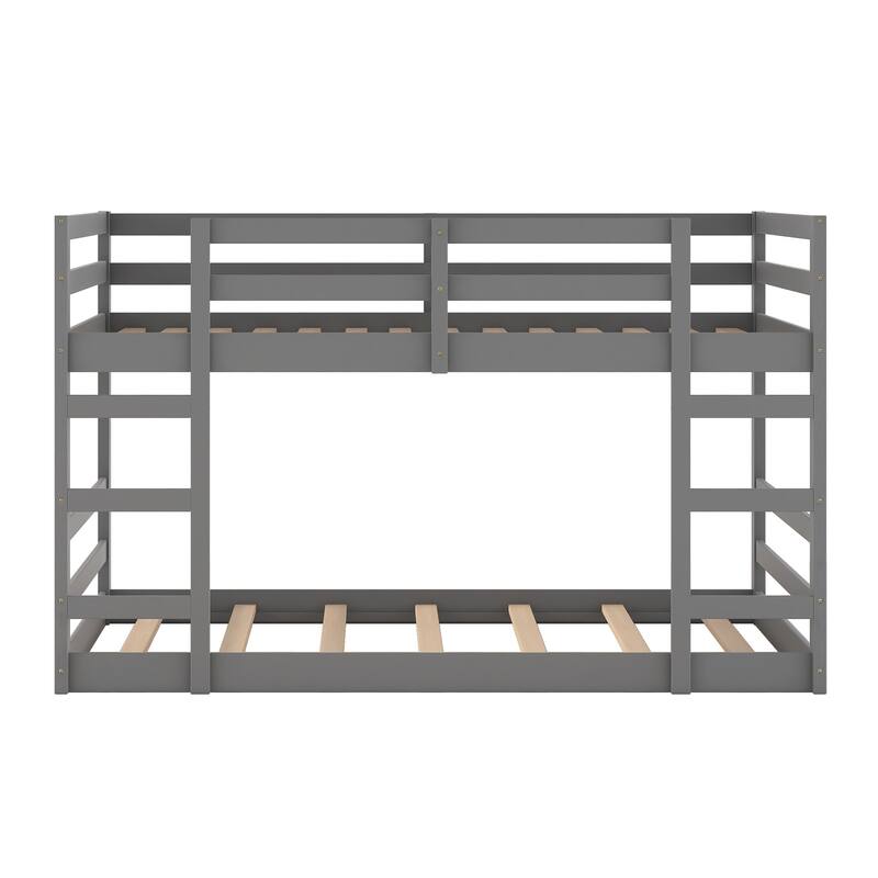 Solid Pine Twin Bunk Bed, Ladder, Full-length Guardrail, Space-Saving