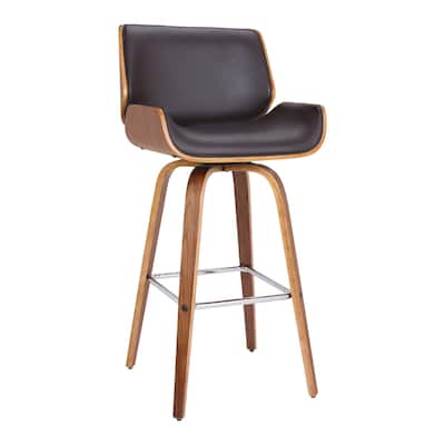 Brown Fabric Swivel Counter Height Chair with Walnut Wood Frame and Footrest