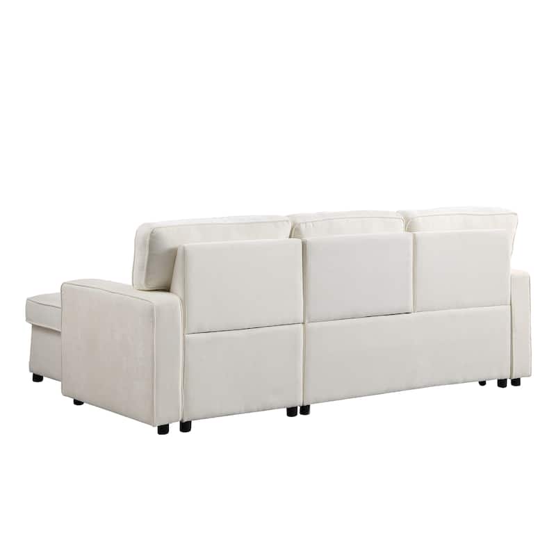 Chenille L-shaped Sectional Sofa with Pull Out Sleeper Bed, Reversible Storage Chaise, Folding Cup Holders and Charging Station