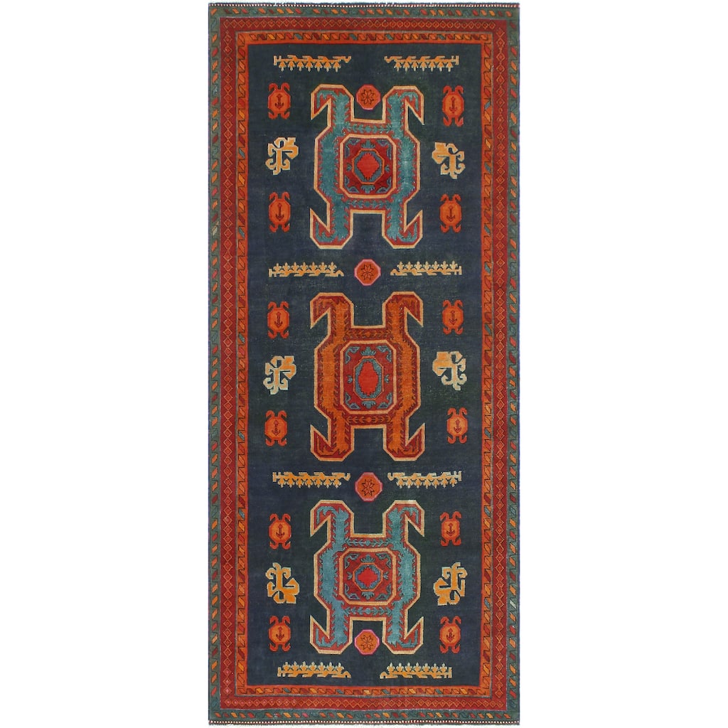 Fine Vintage Distressed Farkhond Navy/Burgundy Runner - 4'0" x 9'6"