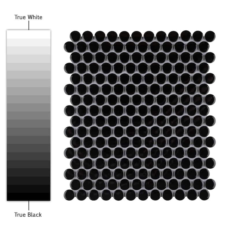 Merola Tile Metro Penny Glossy Black 9-3/4" x 11-1/2" Porcelain Mosaic Floor and Wall Tile