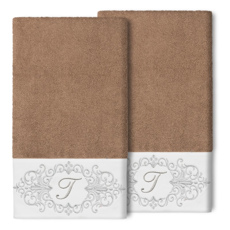 Authentic Hotel and Spa 100% Turkish Cotton Monica 2PC Embellished Bath Towel Set - T - Latte