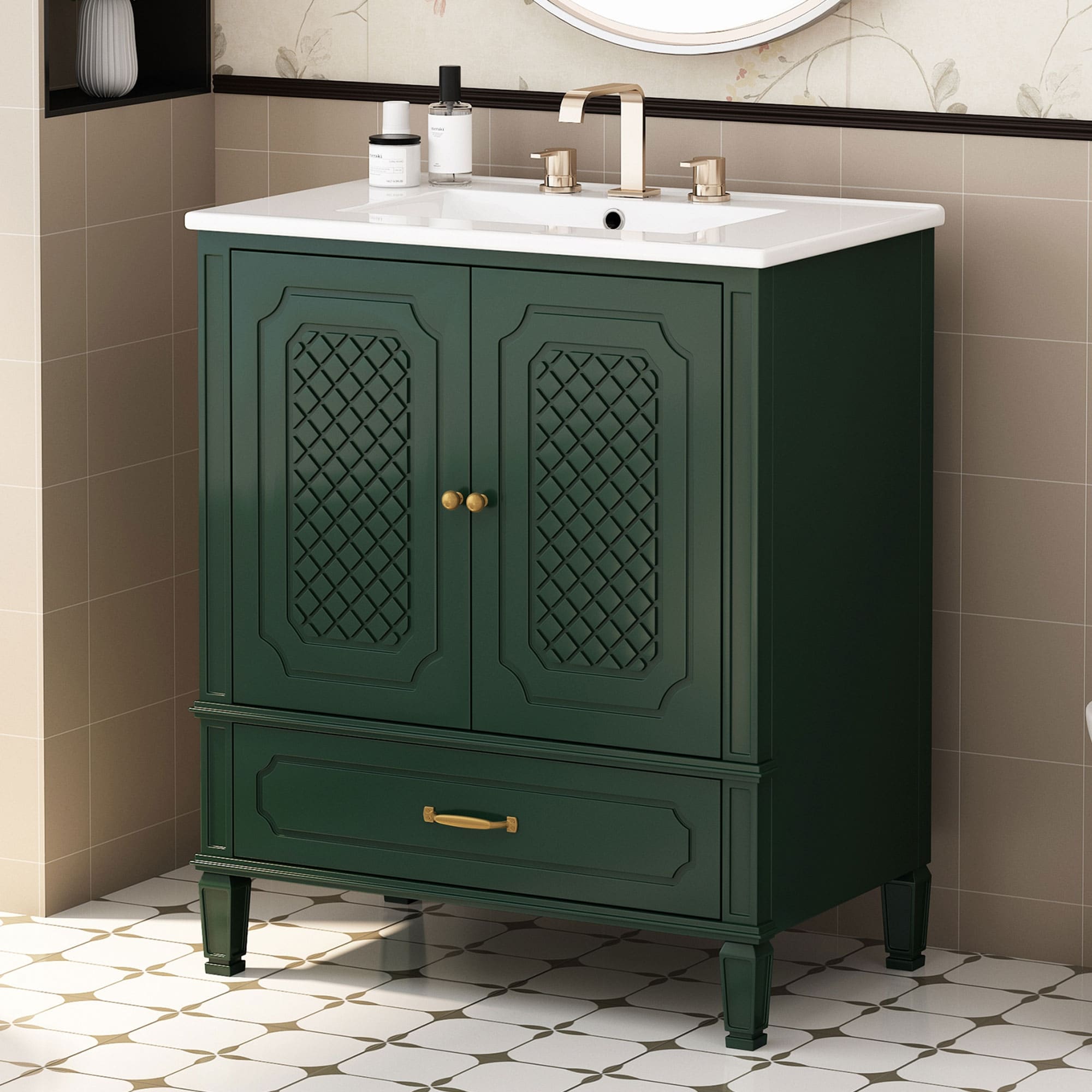 Roomfitters 30" Vintage Style Bathroom Vanity with Ceramic Sink, Customizable Storage Drawer and Soft-Close Door