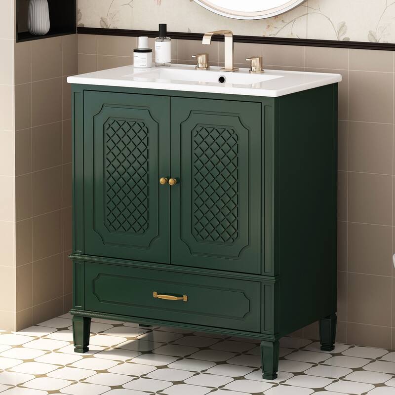 Roomfitters 30" Vintage Style Bathroom Vanity with Ceramic Sink, Customizable Storage Drawer and Soft-Close Door - Green