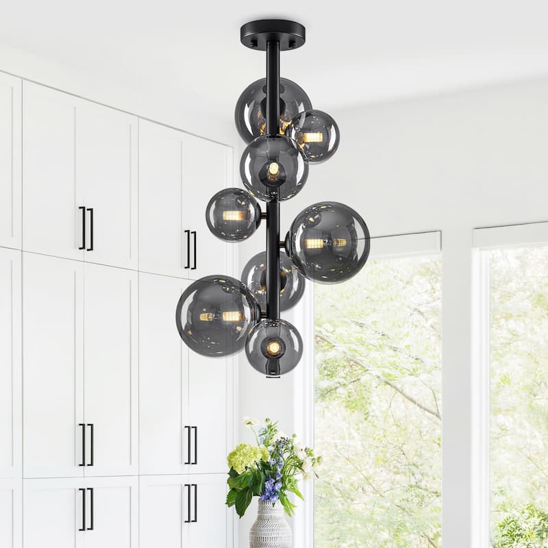 8 Lights Modern Semi-Flush Mount Ceiling Light Smoky Gray Glass Globe - Dia.13.78-in