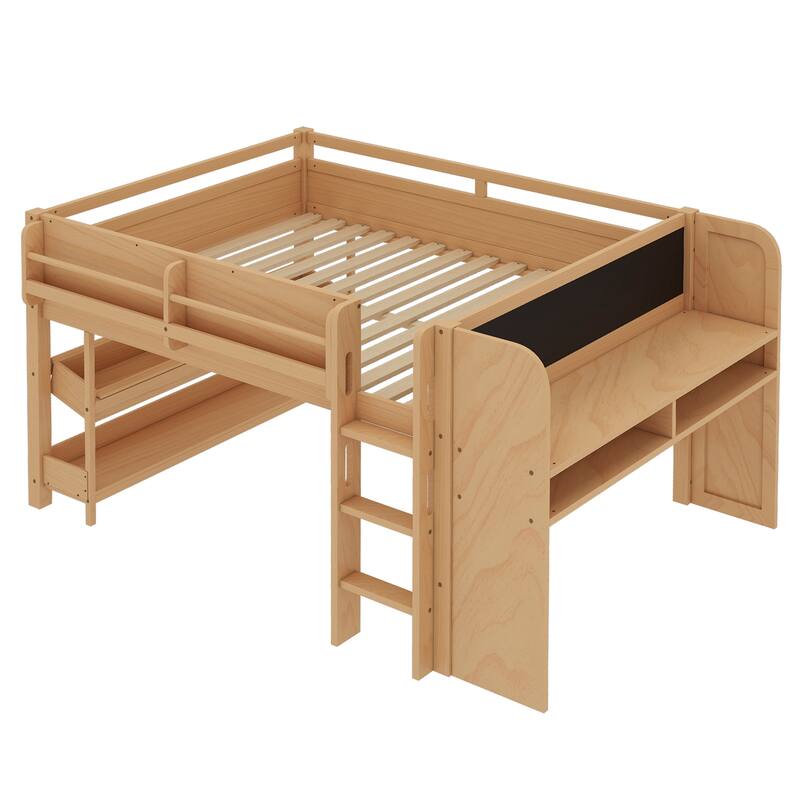 Full/Twin Size Loft Bed with Built-in Desk, Multi-Storage Bookcases & Blackboard, Solid Wood Low Loft Bed Frame