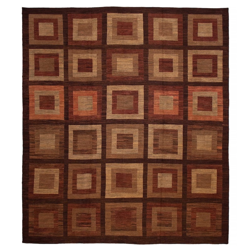 ECARPETGALLERY Flat-Weave Lahor Finest Brown Wool Tapestry Kilim - 13'6 x 15'0 - Dark Brown - 13'6 x 15'0