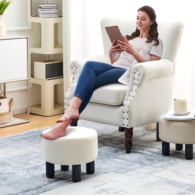 Modern Small Round Linen Ottoman Footstool with Wooden Legs for Bedroom or Living Room