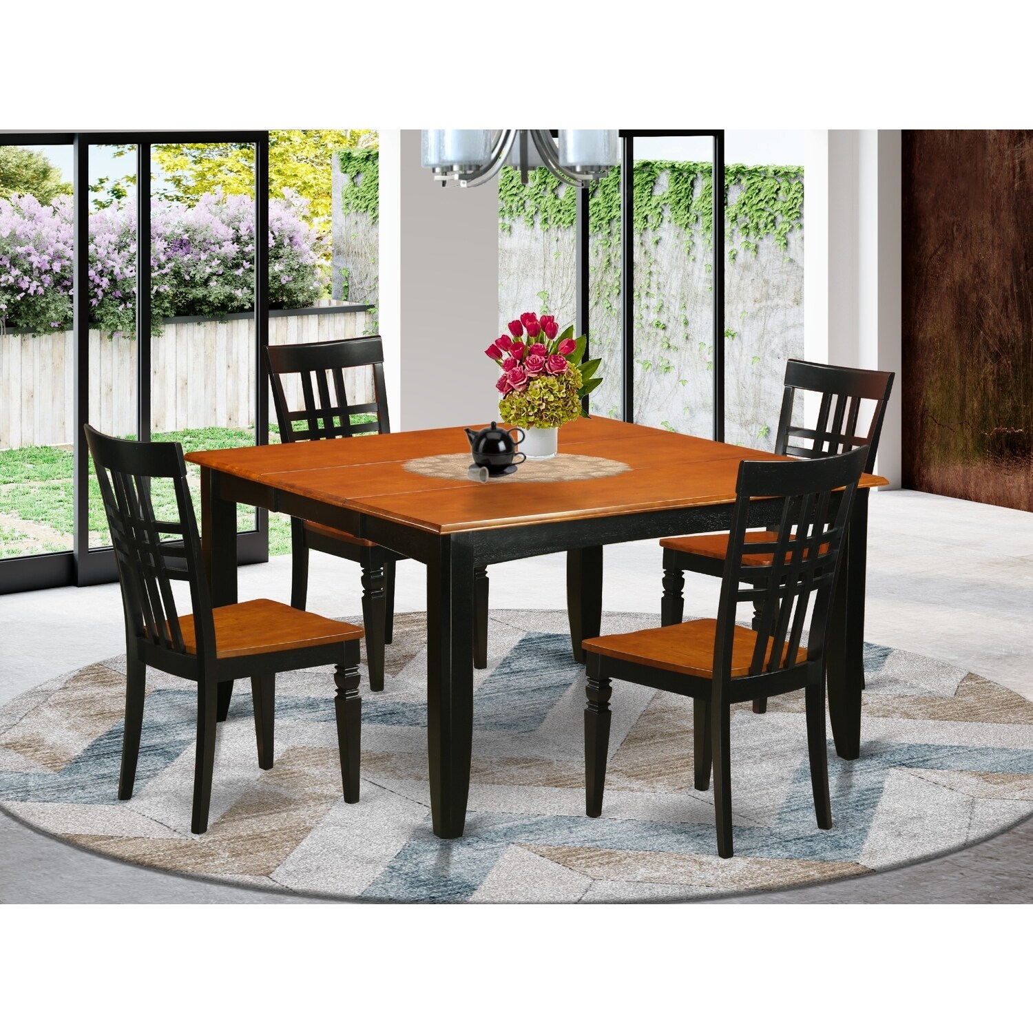 Dining Room Set - 9 Piece Table & Chair Set - Kitchen Dinette Set - Modern Design - Black and Cherry