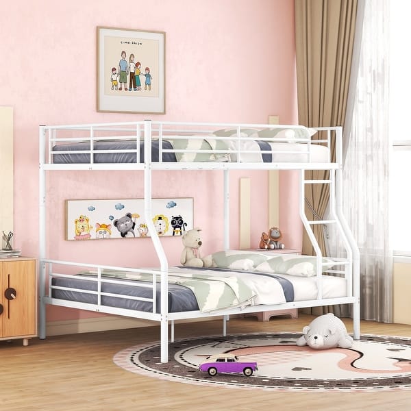 slide 2 of 11, Minimalist Design Full XL Over Queen Metal Bunk Bed with Ladder,Streamlined Frame and Full Length Gridded Guardrails White