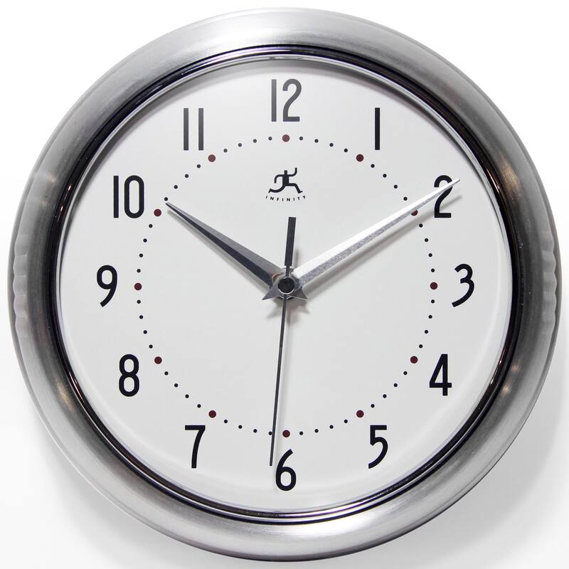 Round Retro Kitchen Wall Clock by Infinity Instruments - 9.5 Inch - Silver