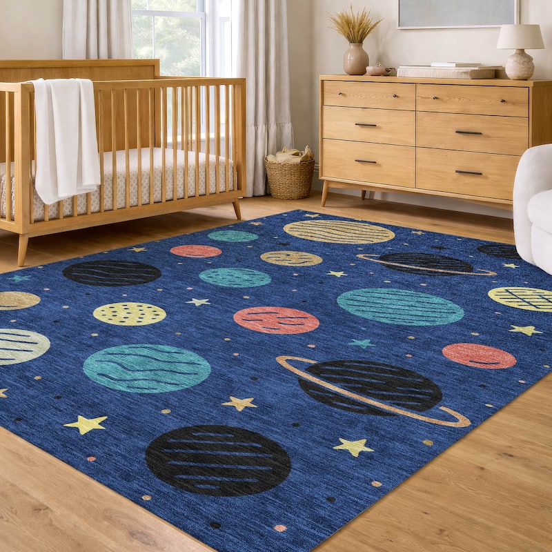Machine Washable Indoor/ Outdoor Modern Planets Chantille Rug