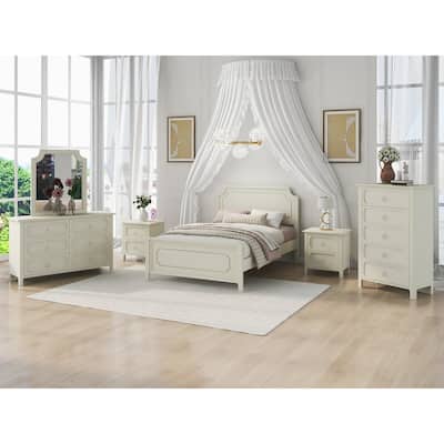 6 Pieces Bedroom Sets, Wooden Platform Bed + Nightstand*2, Chest,Mirror&Dresser