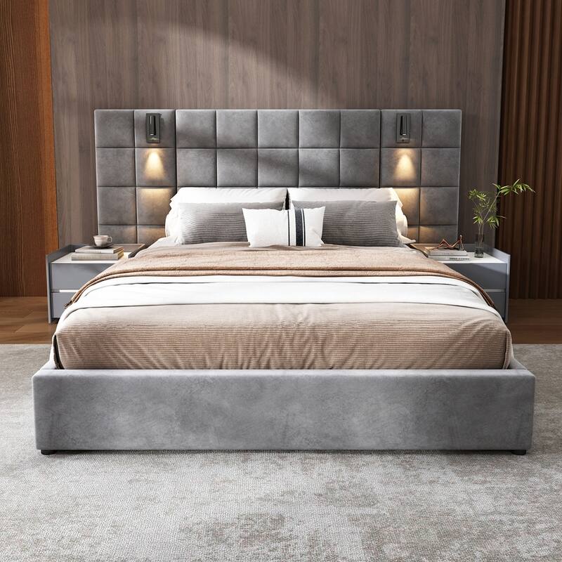 Velvet Upholstered bed with reading lamp and USB port - Queen