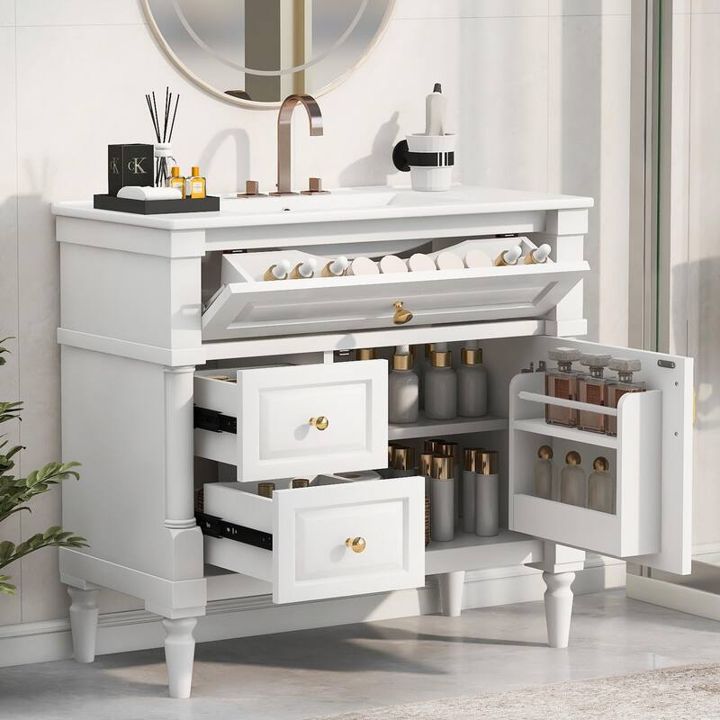 36" Bathroom Vanity with Sink, Freestanding Bathroom Cabinet with Ceramic Basin, Flip Drawer - 36'' - White