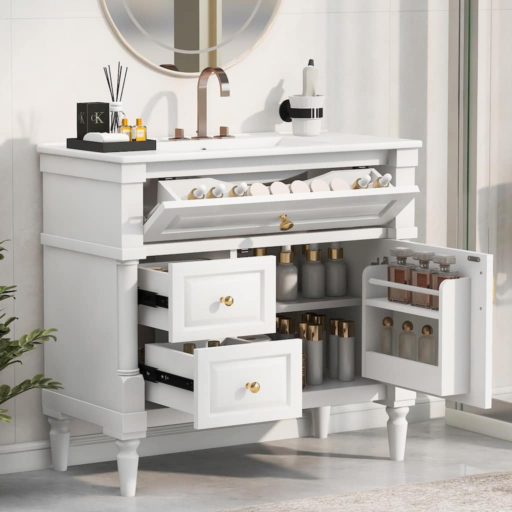 36" Bathroom Vanity with Sink, Freestanding Bathroom Cabinet with Ceramic Basin, Flip Drawer